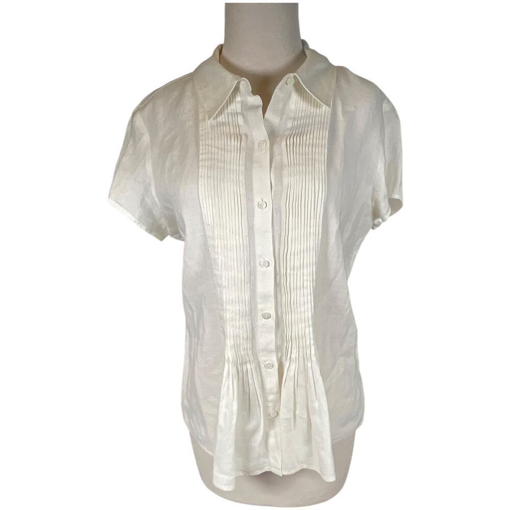 Talbots Petites Pure Irish Linen Pleated Front Size Large White Short Sleeve